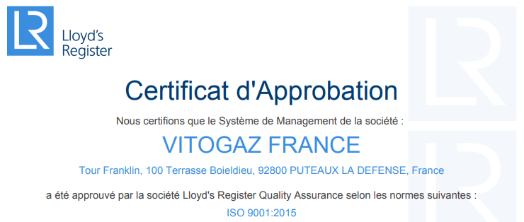 certificat ISO9001 vitogaz france